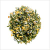 Pile of loose leaf Tokyo Twilight green tea to show full leaf green tea, lavender, green rooibos and tulsi.